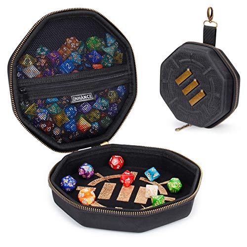 ENHANCE DnD Dice Tray and Dice Case - DnD Dice Holder for up to 150 D&D Dice with Rugged Hard Shell Exterior and Protective Soft Interior - Dice Rolling Tray Perfect for Game Night (Black) - Black