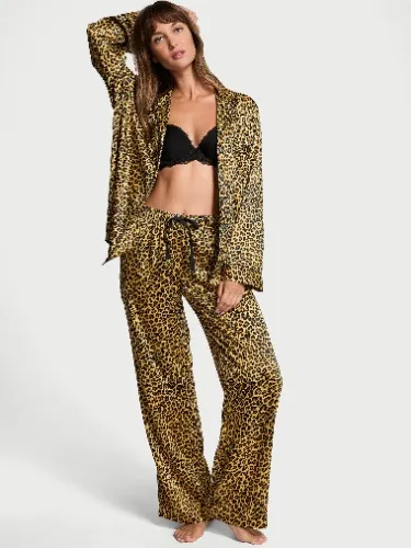 Glazed Satin Long Pajama Set - Safari Gold Leopard - Small