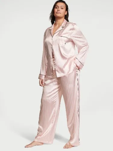 Glazed Satin Long Pajama Set - Pink Iconic Stripes - Small