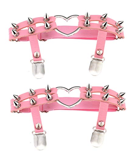 Women Girl Sexy Leather Heart Garters Punk Rock Rivet Stud Leg Ring 2pcs - One Size - Pink