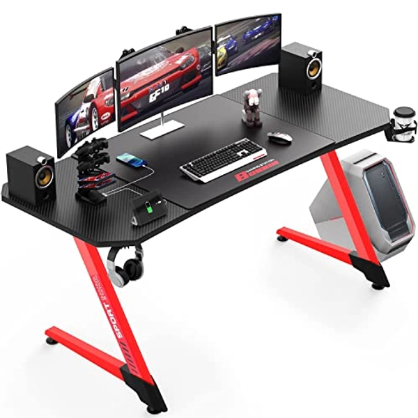 VITESSE Ergonomic Gaming Desk 55 Inch, Z Shaped Office PC Computer Desk with Mouse Pad, Gamer Tables with Gaming Handle Rack, Cup Holder Headphone Hook