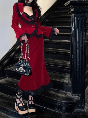 Autumn Dark Red Wine Skirt Set Notched Collar Slim Jacket and Trumpet Long Skirt Suit Halloween Corduroy Lace Vintage Gothic Set