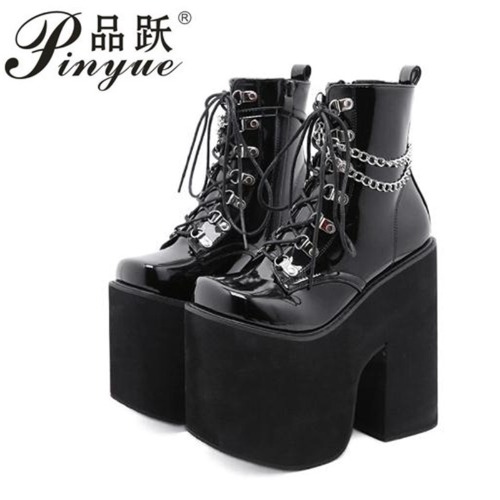 Height 17cm Nightclub Stage Ankle Booties Women Extreme Thick Platform Heel Gothic Punk Shoes Girls Sexy Chain Party Boot