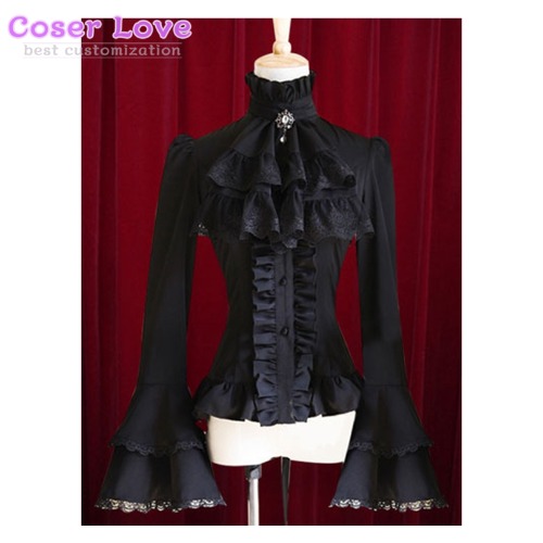 Black white gothic Lolita Blouse Bell Sleeves Ruffles Cotton Blouse for Women (without bowtie)