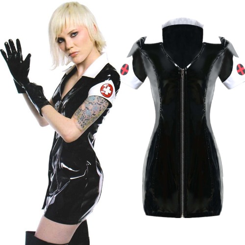 S-XXL Sexy Leather Black PVC Dress With Zipper Bodycon Catsuit Bondage Clubwear Pole Dance Costume Sexy Nurse Erotic Costumes