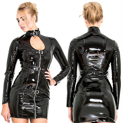 Plus Size Women Pole Dance Zipper Erotic Clothes PVC Faux Leotard Leather Sexy Dress Latex Bodysuit PVC Dress