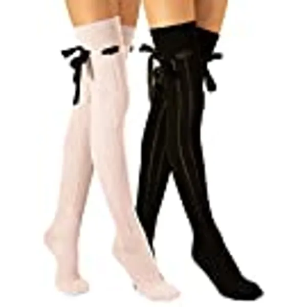 Molton Marley 2 Pack Long Over The Knee Thigh High Long Socks, Ribbon, Cotton Knit, Girls' and Women's, Made in Europe