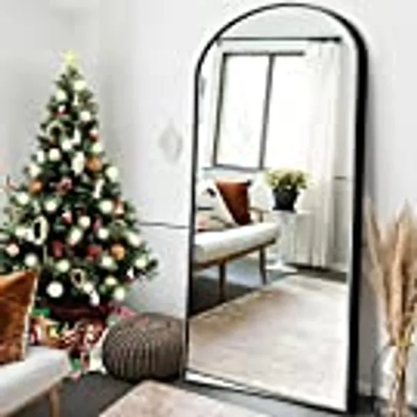 NeuType Arched Full Length Mirror Standing Hanging or Leaning Against Wall, Oversized Large Bedroom Mirror Floor Mirror Dressing Mirror, Aluminum Alloy Thin Frame, Black, 71"x32"