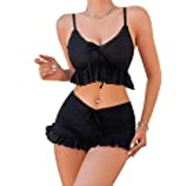 SweatyRocks Women's 2 Piece Lingerie Set Ruffle Trim Tie Front Cami Top and Shorts Sleepwear