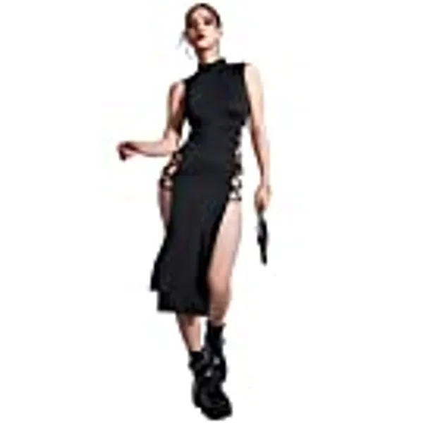 Verdusa Women's Crisscross High Split Mock Neck Sleeveless Midi Bodycon Dress