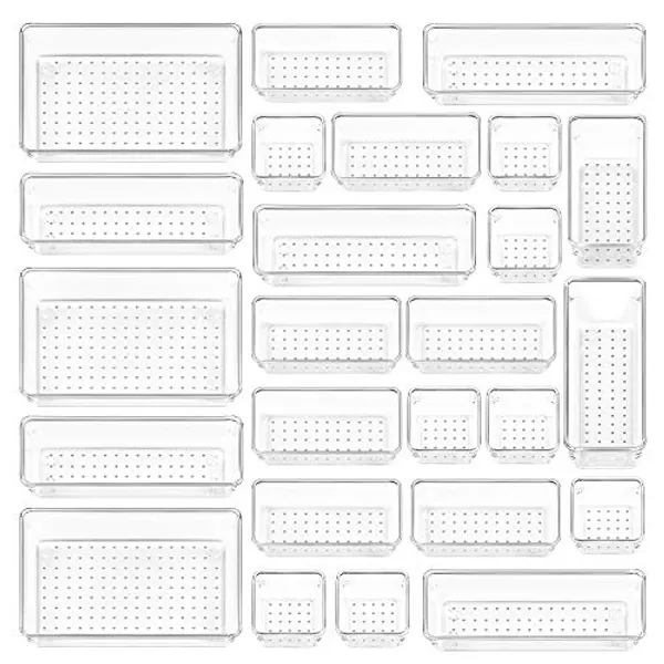 Vtopmart 25 PCS Clear Plastic Drawer Organizers Set, 4-Size Versatile Bathroom and Vanity Drawer Organizer Trays, Storage Bins for Makeup, Bedroom, Kitchen Gadgets Utensils and Office
