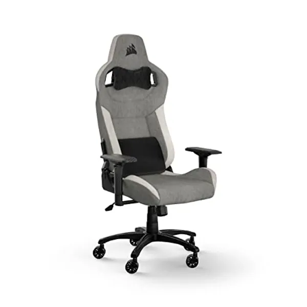 Corsair T3 RUSH Fabric (2023) Gaming Sessel - Inspiriert vom Automobilsport - Bezug aus weichem Stoff - Abnehmbares Nackenkissen und Lendenwirbelstütze aus Memory-Schaum - Grau und Weiß