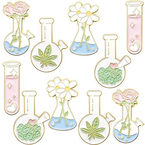 💟10 Pieces Pin Brooches Cute Floral Kawaii Pins Flask Test Tube Backpack Pins Aesthetic Spring Flower Plant Pins Set for Jackets Lapel Scientist Pins for Backpacks Clothes Caps Bags
