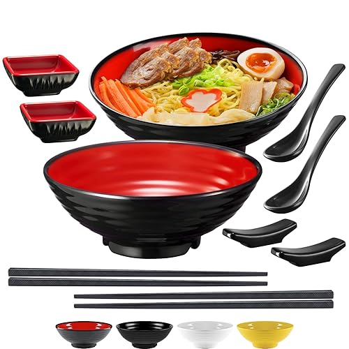 💗Unbreakable Ramen Bowl Set with Chopsticks and Spoon: 2 large Japanese Style Melamine Ramen Bowls, Dipping Bowls and Chopstick Stands for Asian Pho Soup Thai Miso Udon Wonton (2 Bowl Set, Red-Black) - 2 Bowl Set - Red & Black