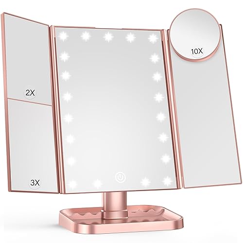 💎HUONUL Makeup Mirror Vanity Mirror with Lights, 2X 3X 10X Magnification, Lighted Makeup Mirror, Touch Control, Trifold Makeup Mirror, Dual Power Supply, Portable LED Mirror, Women Gift (Rose Gold) - Rose Gold
