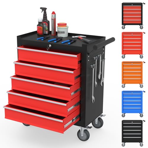 Granper 5-Drawer Tool Chest, Tool Box with Wheels, Movable Rolling Tool Chest, High Capacity Tool Chest with Wheels, Heavy Duty Tool Cabinet for Workshop, Garage and Repair Room(Black&Red) - 5-Drawer - Black&red
