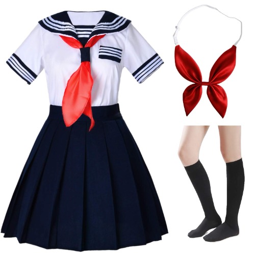 Japanese School Girls Short Sleeve Uniform Sailor Navy Blue Pleated Skirt Anime Cosplay Costumes with Socks Set - Small-Asia tag M Type 1