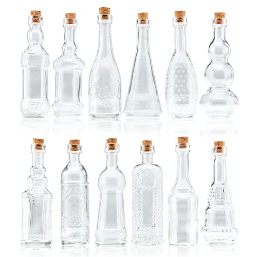 BULK PARADISE Small Mini Clear Vintage Glass Bottles with Corks, Mini Vases, Decorative, Potion, Assorted Design Set of 12 pcs, 4.6 Inch Tall (11.43cm), 1.4 Inch Wide (3.56cm) - Clear