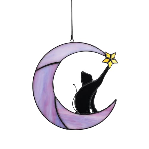 6.5'' Black Cat on Moon Stained Glass Window Hanging Suncatcher,Glass Window Panels,Wall Art Decor Loss of Cat Sympathy Gift (Purple Moon) - Cat on Purple Moon