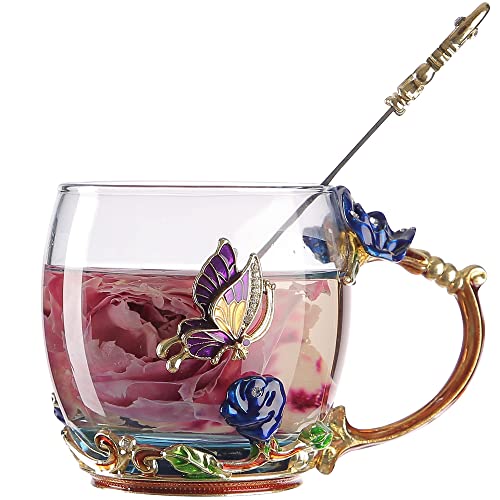 NOVIIML els Butterfly Flower Tea Cup, Glass Coffee Mugs with Spoon, Valentines Mothers Day Graduation Christmas Gifts for Women Wife Mom Her Grandma Girls Teacher Friends, Birthday Present Idea - Blue