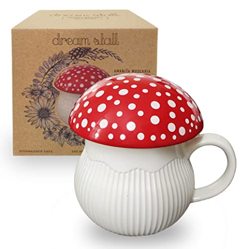 Dreamstall Mushroom Mug with Lid Stoneware Coffee Cup with Decorative Gift Box (Red), Cottagecore Aesthetic Decor - Red