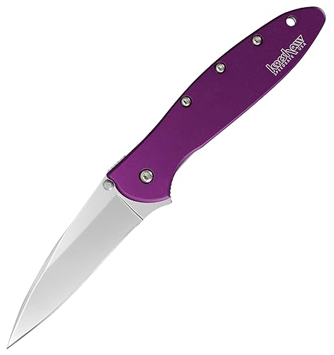 Kershaw Leek Purple Folding Knife (1660PUR); 3 Bead-Blasted High-Performance Sandvik 14C28N Steel Blade, Purple Anodized Aluminum Handle, SpeedSafe Assisted Opening, Liner and Tip Lock Slider, 2.4 OZ