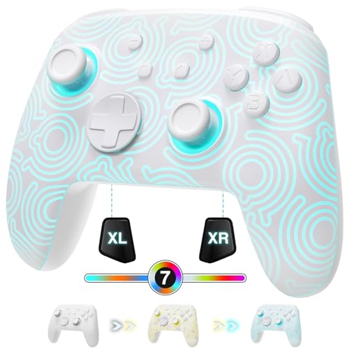 FUNLAB [Luminous Pattern] Switch Pro Controller Wireless Compatible with Switch/OLED/Lite, Firefly Bluetooth Remote Gamepad with 7 LED Colors/Paddle/Turbo/Motion Control - White