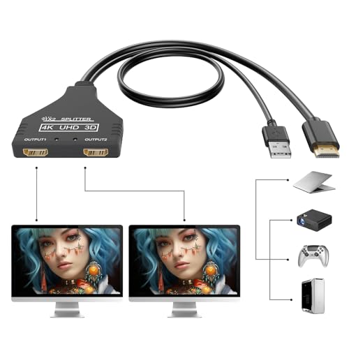 4k HDMI Splitter 1 in 2 Out 4k 30hz HDMI 2.0 HDMI Cable Male to Dual Female with Power USB Cable for HDMI HD, LED, LCD, TV Dual Monitors Duplicated-Mirror Dual Monitor Support 1080P 3D Full HD