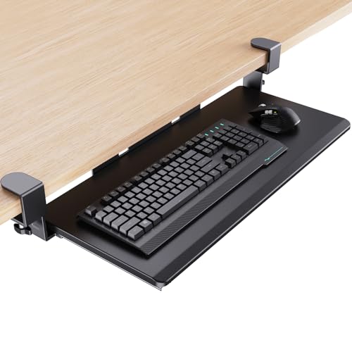 HUANUO Keyboard Tray Under Desk, Pull Out Keyboard Tray with C Clamp Mount, 26.5″ W x 11.8″ D Slide Out Computer Keyboard Drawer Mouse Tray for Typing, Black, HNKB12B