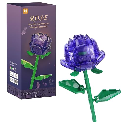Rose Gift for Her Women, Funny Gifts Building Blocks, Fake Flowers for Decoration, Toy Building Sets, Botanical Collection,Building Blocks for Adults, Compatible with Lego,Purple - Purple