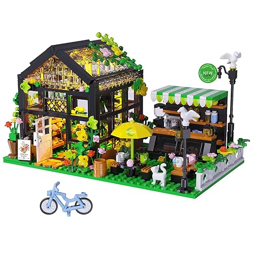 Flower House Building Set with LED, City Street House Flower Shop Building Blocks Toy, Gift for Girls 8-12 Year, Mini Brick 680pcs - Black