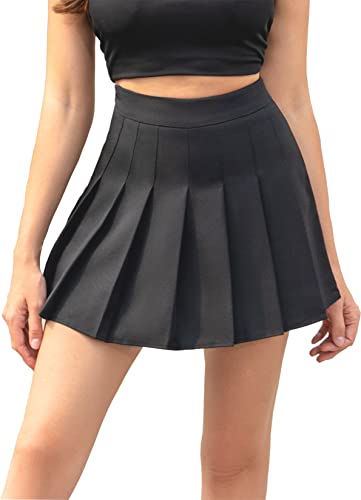 HOEREV Women Girls Short High Waist Pleated Skater Tennis School Skirt - Black - 12