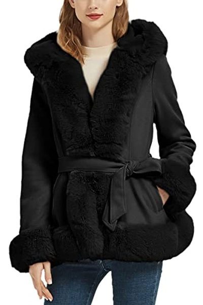 Bellivera Women's Trench Coat Faux Suede Jacket Winter Hooded Overcoat with Belt