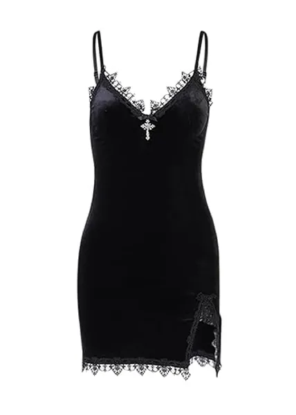 TSMNZMU Women Gothic Mini Dress Velvet Sleeveless Lolita Dresses Emo Grunge Punk Dress Goth Sexy Halter Dress - Sexy Goth Dress - X-Large
