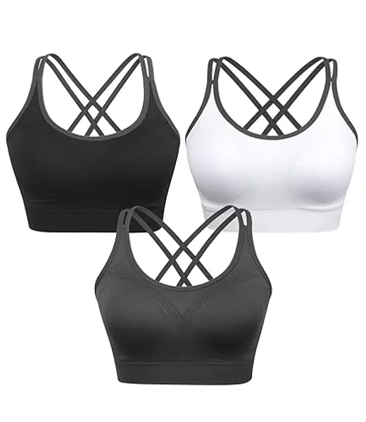 Strappy Women's Sports Bra Cross Back Tops for Running Fitness Removable Padded Workout Yoga Bras - X-Large - 3pack(black+white+gray)