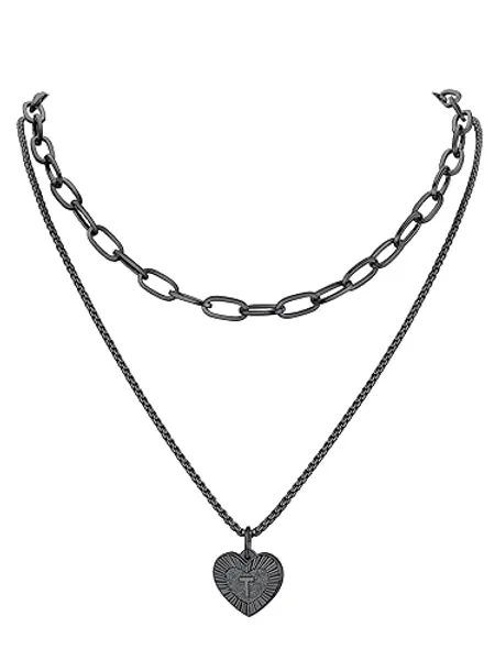 PROSTEEL Trendy Paperclip Chain Initial Heart Layered Necklace for Women, A-Z Available Black/Gold Plated Stainless Steel, 14"/20", Come with Box - T-Cool Black