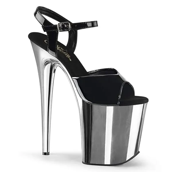 Pleaser Women's Flamingo-809 Ankle-Strap Sandal - 8 - Black Patent/Silver Chrome