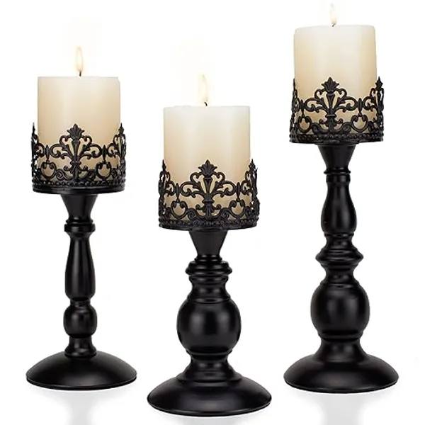 Vintage Pillar Candle Holders for Table Centerpiece Set of 3-11'' 9'' 8'' - Matte Black Metal Candle Stands Decorative - Candle Centerpiece for Table Fireplace Decor - Gothic Candle Holder - Matte Black - 11'' 9'' 8''