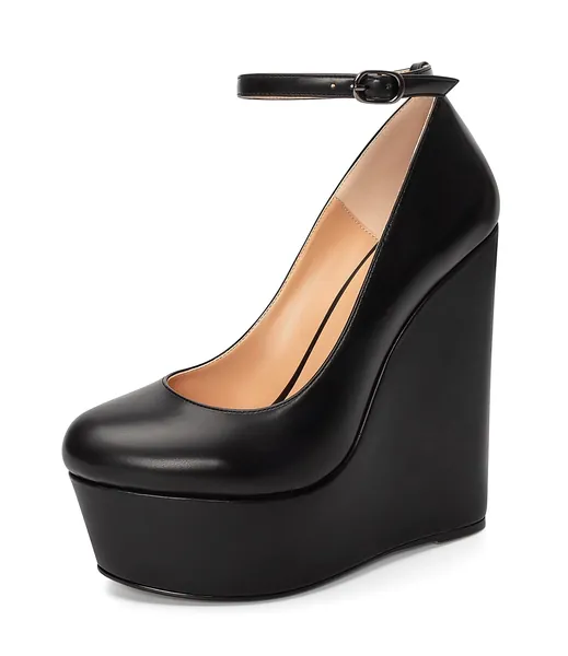 YODEKS Women's Wedge Heel Pumps,Platform High Heel Wedge Pump Shoes,Ankle Strap Round Toe Red Dress Heels - 8 - Black Matte