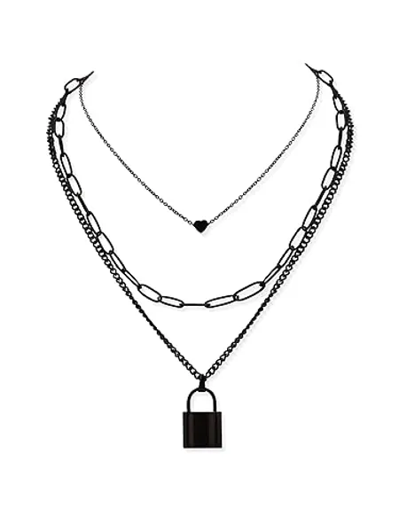 Sacina Women's Zinc Alloy & Stainless Steel Gothic Black Layered Necklace (12.59+16.53+18.11 inches) - Heart & Lock Pendant, Y2K Emo Necklace, Halloween, Christmas Gift