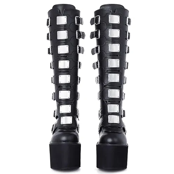 CELNEPHO Womens Wedge Platform Knee High Boots High Heel Round-Toe Zip Punk Goth Mid Calf Combat Boots For Women - 8 - Black