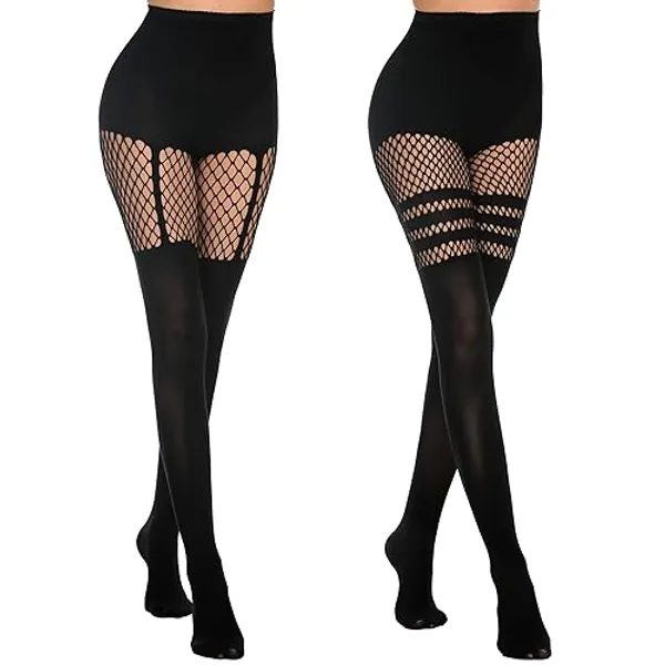 MANZI Womens Faux Thigh High Fishnet Stockings Stitching Opaque Pantyhose Mock Over the Knee Goth Striped Suspender Tights - One Size - 1 Suspender + 1 Striped
