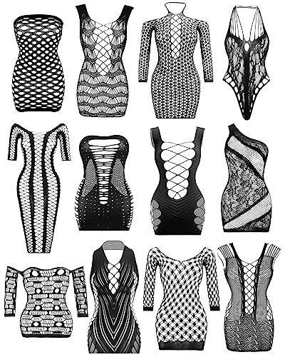 Fishnet Lingerie for Women Fishnet Bodysuit Lace Bodysuits Sexy Babydoll Nightwear - 12 Pcs: Black01