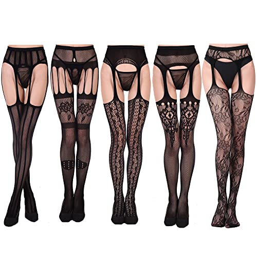 ASTARON 5 Pairs Womens Fishnet Tights,Lace Flowery Fishnets Stockings High Tights Mesh Stockings Suspender Pantyhos