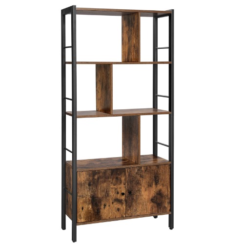 VASAGLE Bookshelf, Storage Shelf, Large Bookcase with Doors, 4 Shelves, Stable Steel Structure, Industrial Style, for Living Room, Office, Rustic Brown and Black LBC022B01 - 