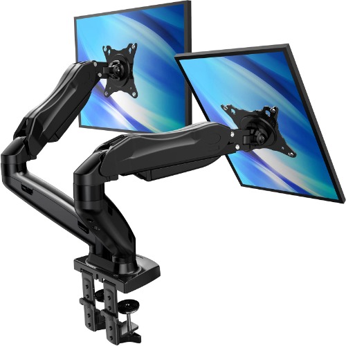 Dual Arm Monitor Mount - Adjustable Gas Spring Desk Mount VESA Bracket with C Clamp/Grommet Mounting Base for 17 to 27 Inch Computer Screens - Each Arm Holds 4.4 to 14.3lbs - 