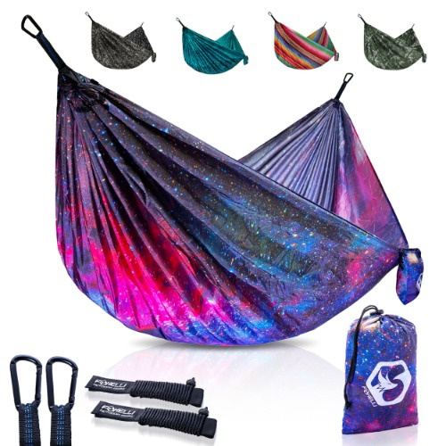 Foxelli Camping Hammock – Lightweight Parachute Nylon Portable Hammock with Tree Ropes and Carabiners, Perfect for Outdoors, Backpacking, Hiking, Camping, Travel, Beach, Backyard & Garden - Universe