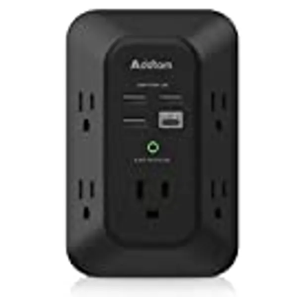 USB Wall Charger Surge Protector - Addtam 5 Outlet Extender with 4 USB Charging Ports ( 1 USB C), 3-Sided 1800J Power Strip Multi Plug Outlets Adapter Widely Spaced,Black