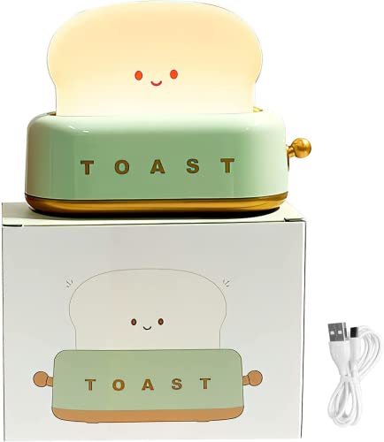 Cute Bread Night Light Led, USB Rechargeable Toast Nachtlicht Kinder, Portable Kids Toast Nightlight Desk Decor Toaster Lamp, Adjustable Brightness Toaster Bedside Night Light for Teens Girls (Green) - Green