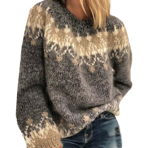RWXXDSN Women's Fall/Winter Round Neck Casual Loose Mohair Coarse Knit Jacquard Women's Sweater